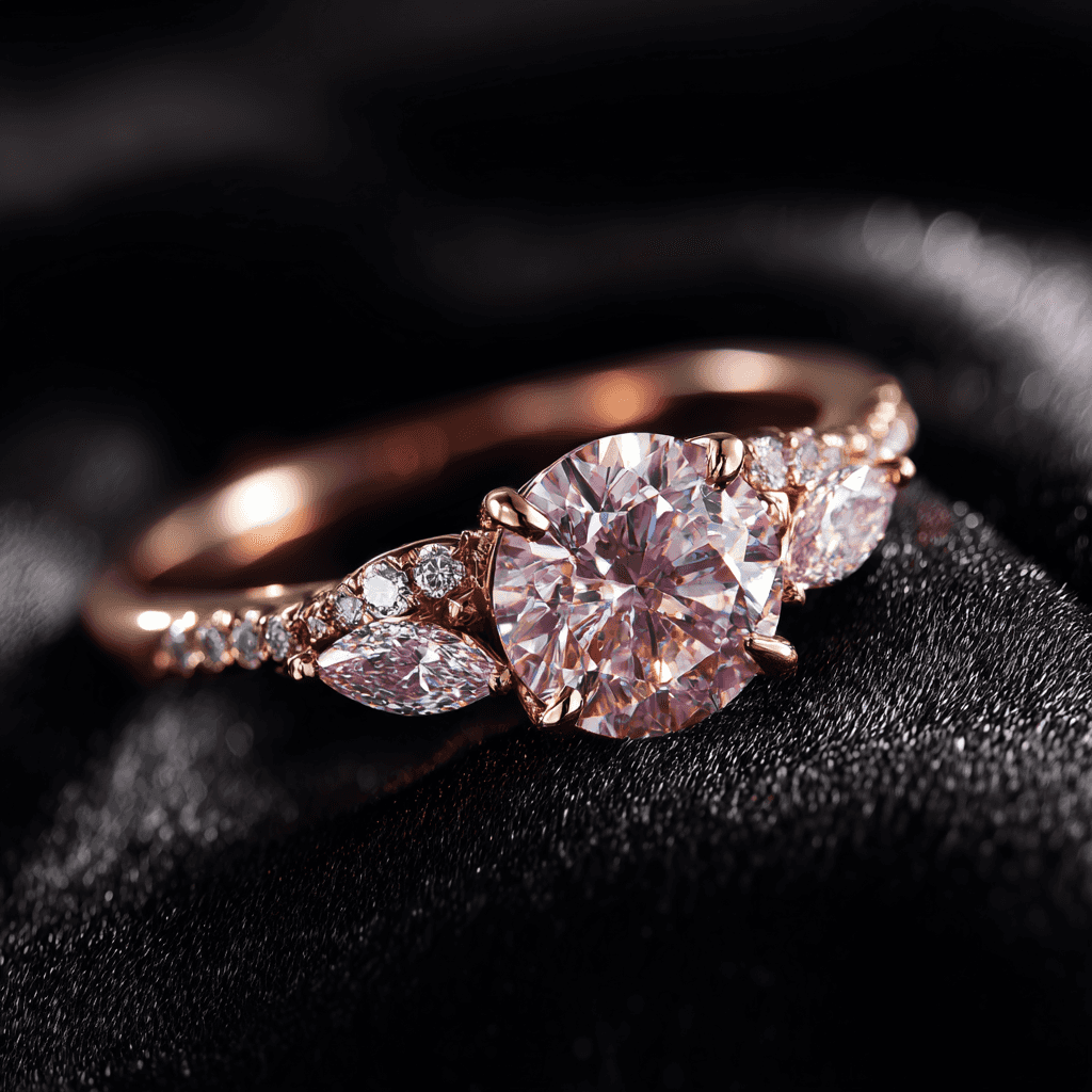 Luxury rose gold engagement ring with round center diamond and detailed marquise accent stones