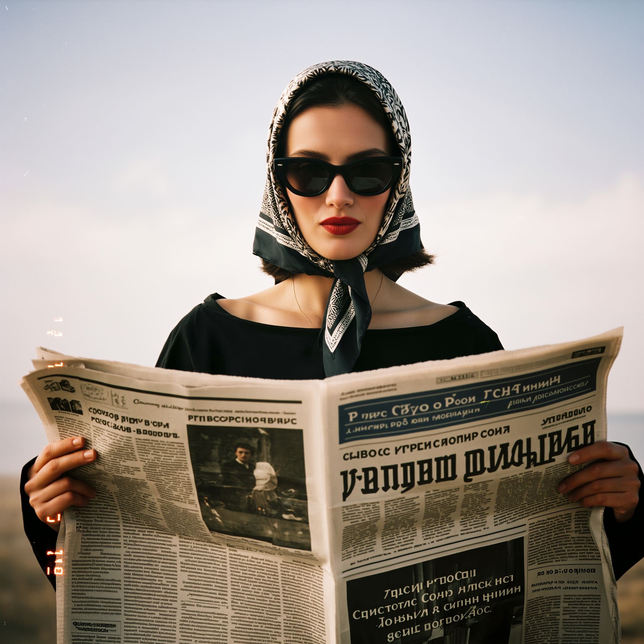 Vintage-inspired editorial with headscarf and newspaper