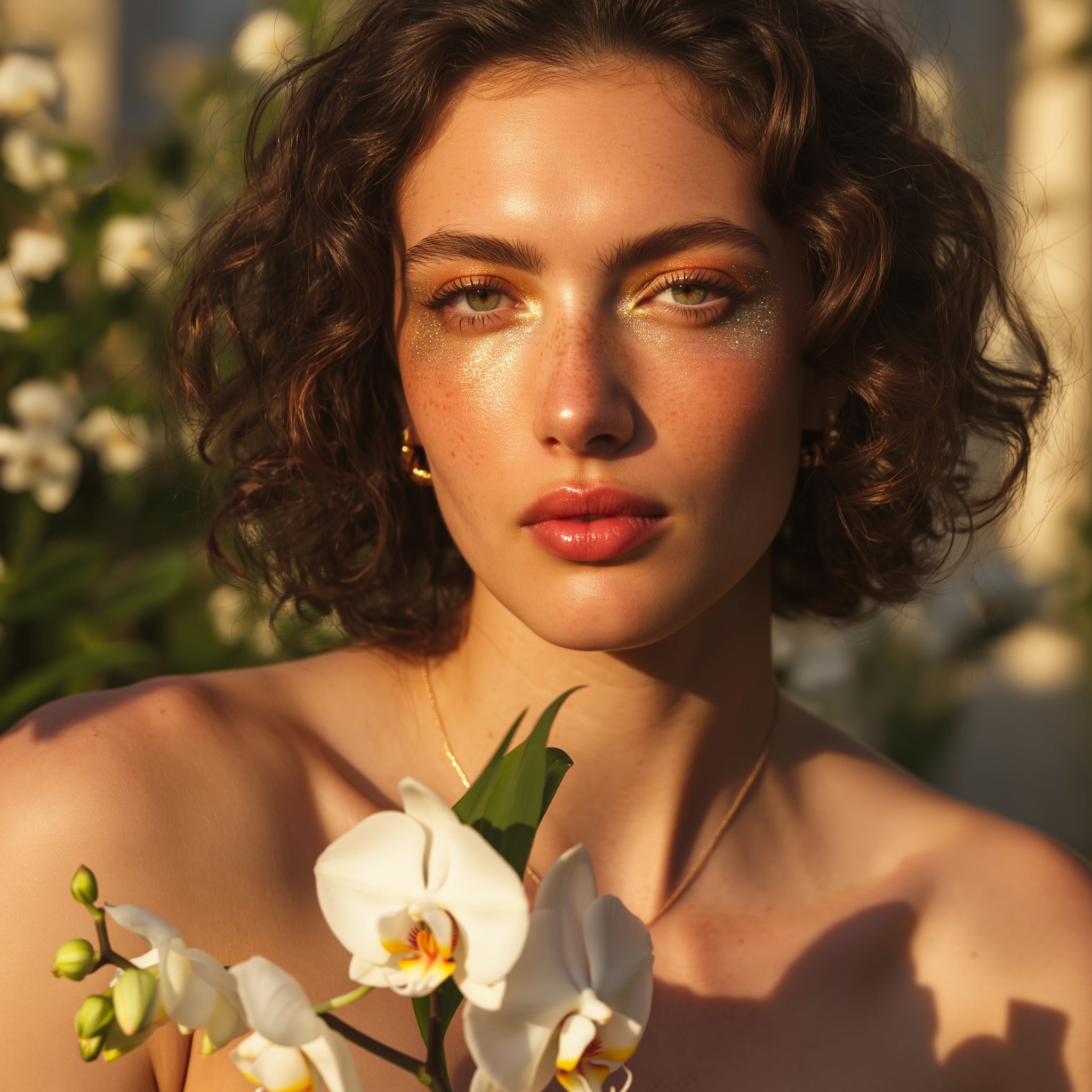 Natural beauty portrait with golden hour lighting and orchid flowers