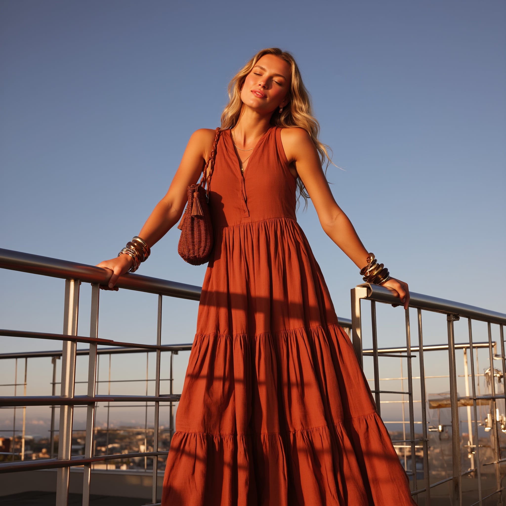 Lifestyle fashion portrait in rust-colored dress on rooftop
