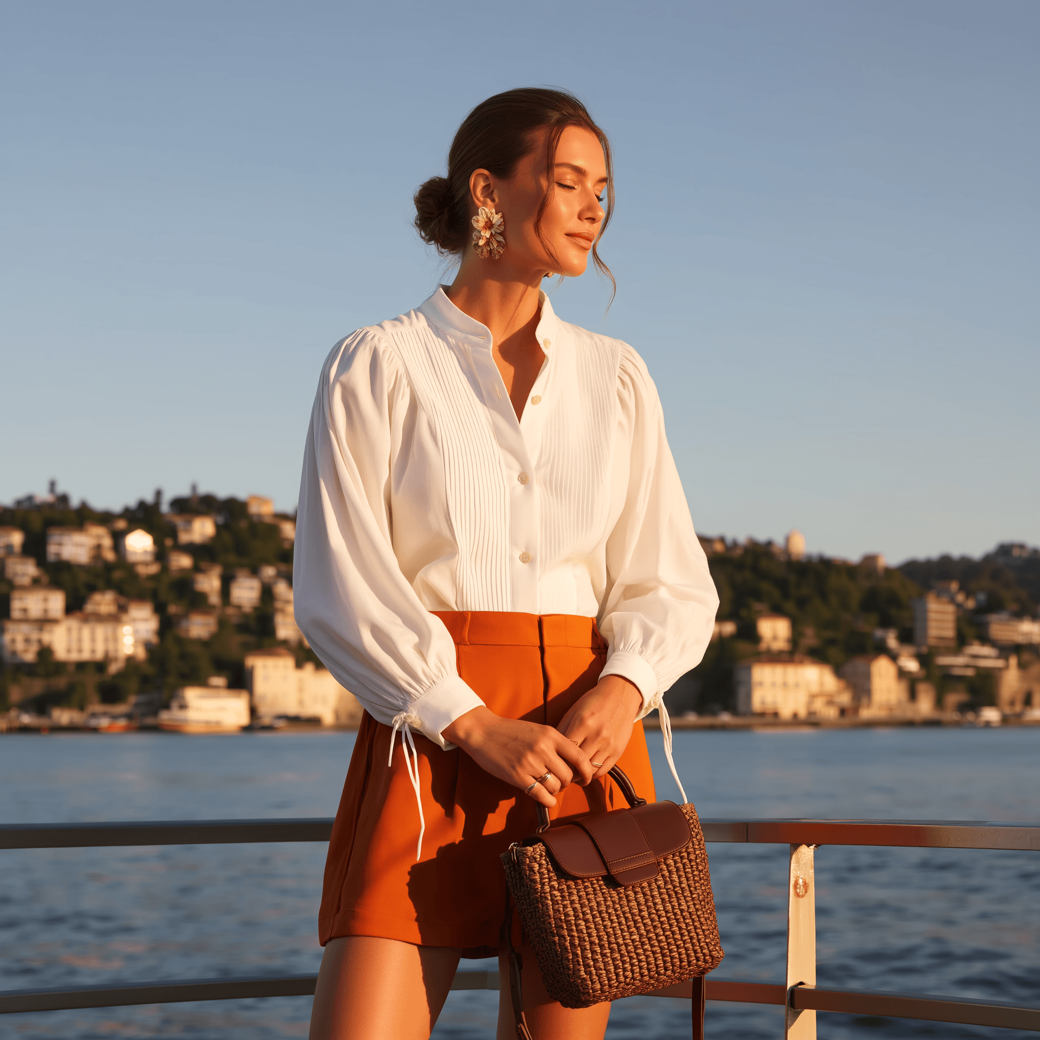Elegant lifestyle portrait by waterfront in white and orange