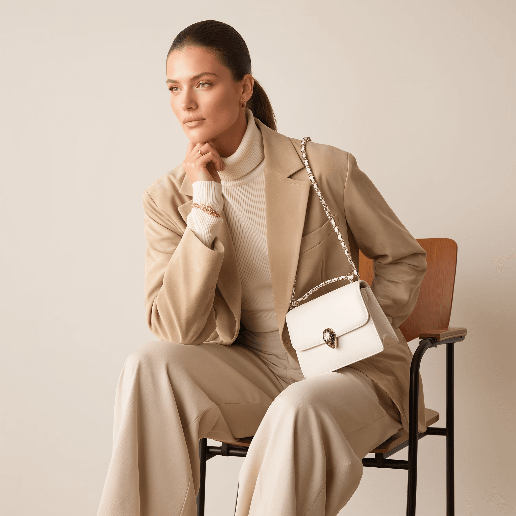 Sophisticated studio portrait in beige turtleneck and blazer