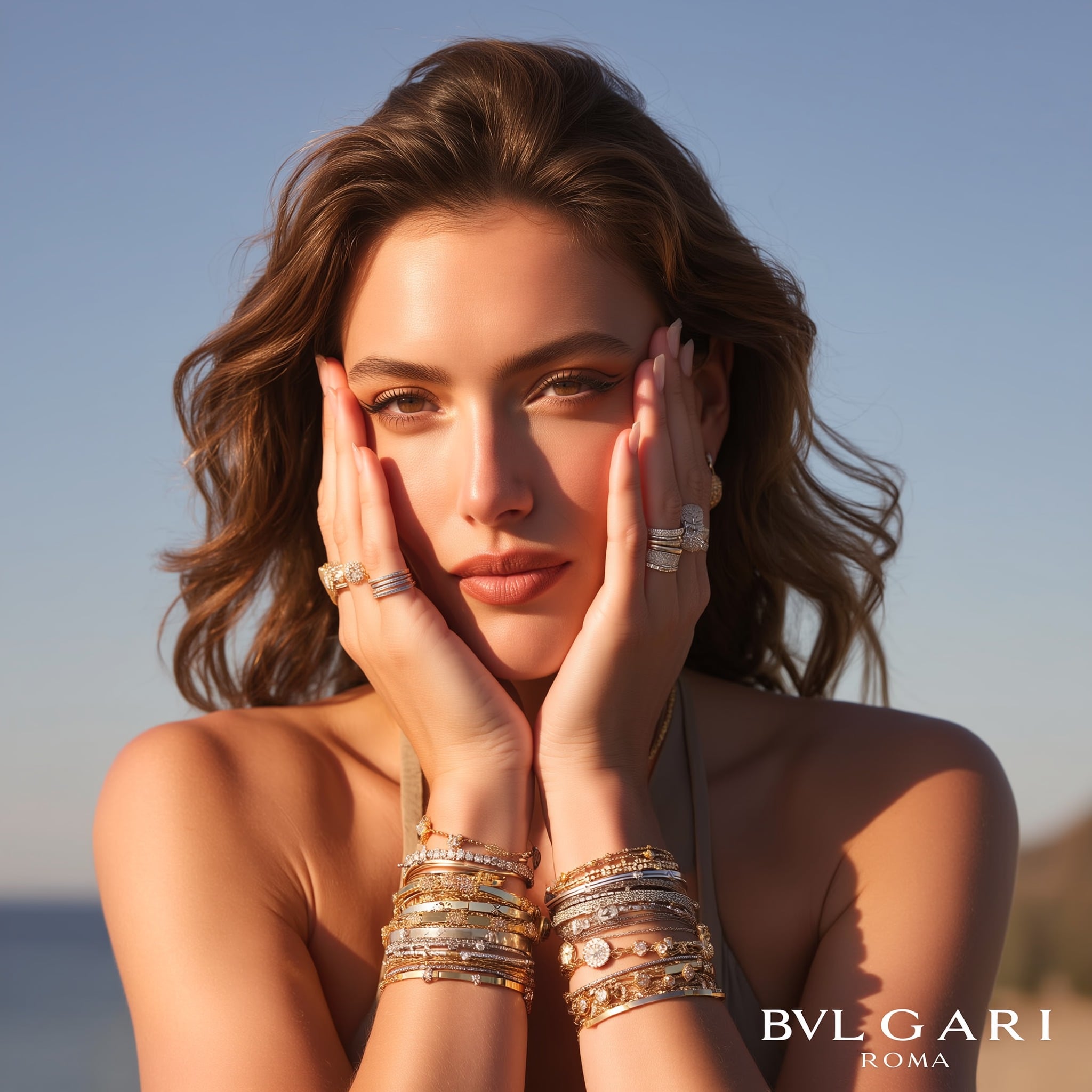 Luxury jewelry portrait with gold bracelets