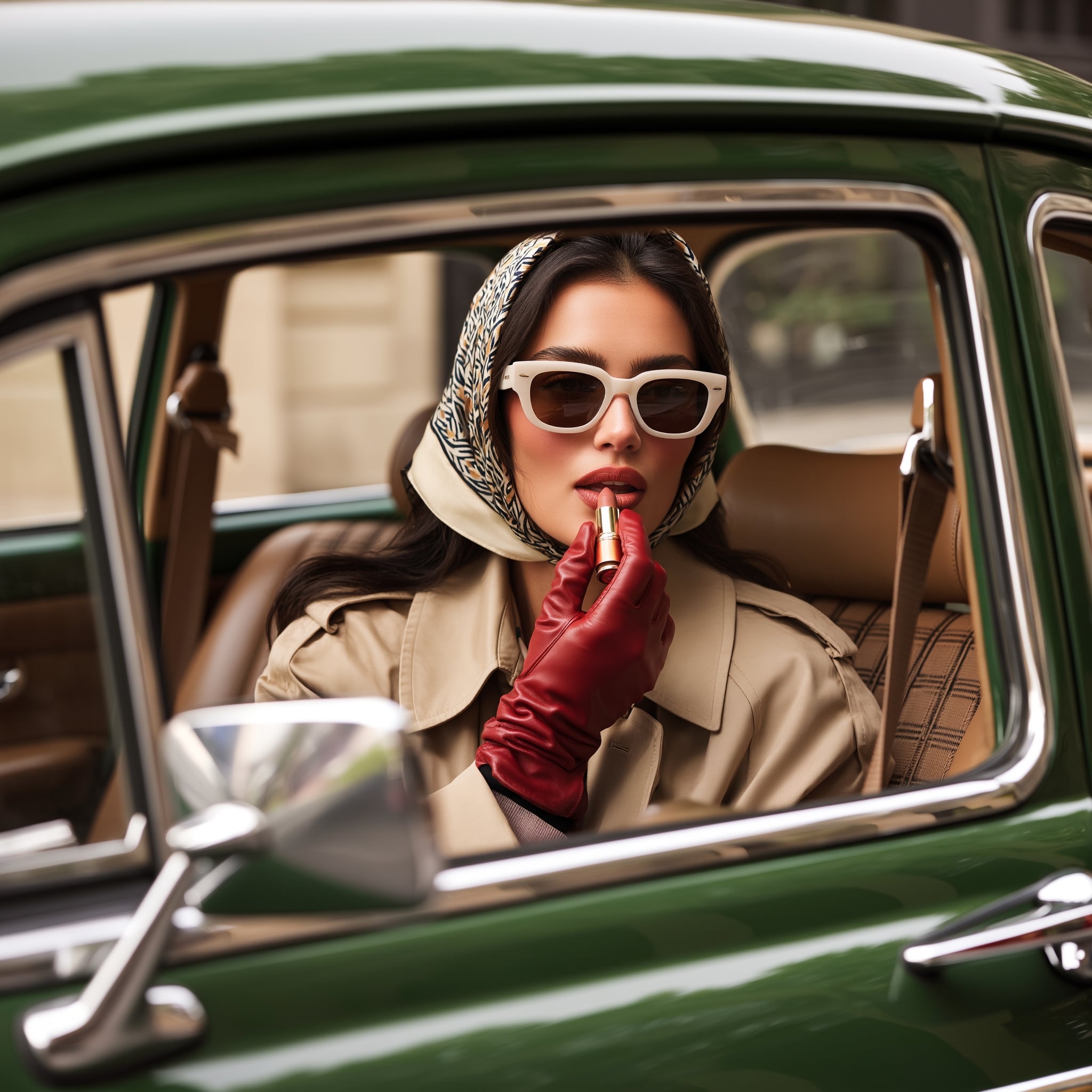 Retro-styled portrait in vintage car with classic glamour